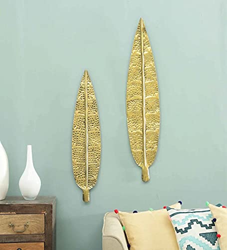 (Pack of 2) Metal Iron Brass Golden Leaf Decorative Wall Art (Small) Mangal Fashions | Indian Home Decor and Craft