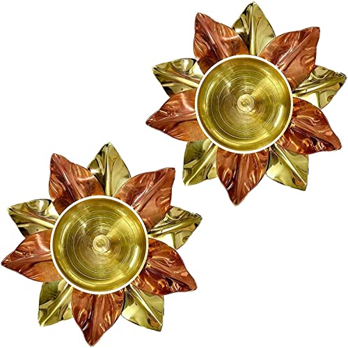 Pack of 2 - Small Brass Copper Lotus Flower Petals Kamal Shape Metal Akand Diya for Pooja, Home Decor and Gifting Mangal Fashions | Indian Home Decor and Craft