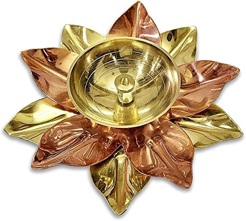 Pack of 2 - Small Brass Copper Lotus Flower Petals Kamal Shape Metal Akand Diya for Pooja, Home Decor and Gifting Mangal Fashions | Indian Home Decor and Craft