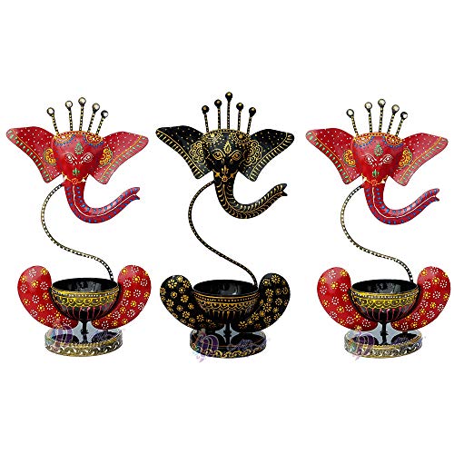 Pack of 3 - 12 Inch Lord Ganesha (Multicolor) Antique with Stone Tealight Holder-Decorative/Table Decor/Home Decor Mangal Fashions | Indian Home Decor and Craft