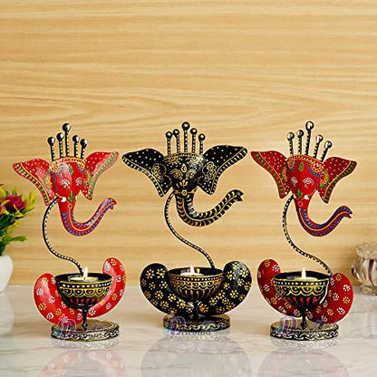 Pack of 3 - 12 Inch Lord Ganesha (Multicolor) Antique with Stone Tealight Holder-Decorative/Table Decor/Home Decor Mangal Fashions | Indian Home Decor and Craft