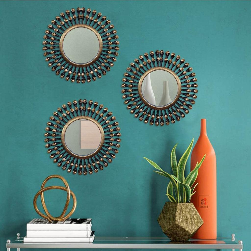 Pack of 3 - Decorative Round Back Gold Wall Mirror for Living Room (Size 10 x 10 Inch) Mangal Fashions | Indian Home Decor and Craft