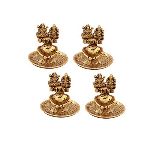Pack of 4 - Lakshmi Ganesh Hand Diya in Metal Antique Gold Plated (3.25 x 3.25 x 3 Inch) Mangal Fashions | Indian Home Decor and Craft