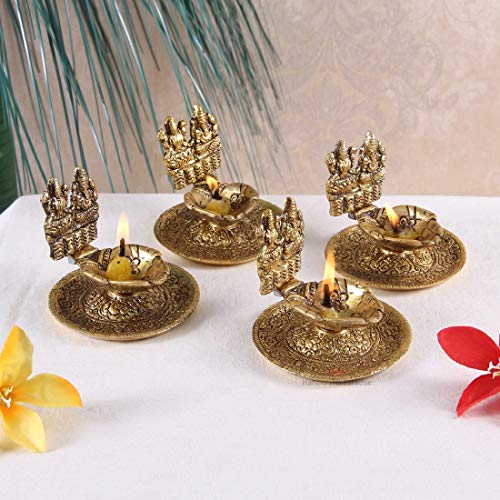 Pack of 4 - Lakshmi Ganesh Hand Diya in Metal Antique Gold Plated (3.25 x 3.25 x 3 Inch) Mangal Fashions | Indian Home Decor and Craft