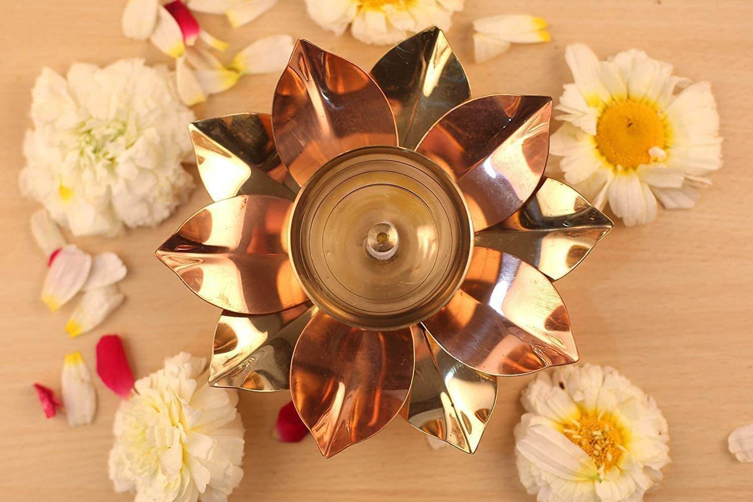 Pack of 4 - Small Brass Copper Lotus Flower Petals Kamal Shape Metal Akand Diya for Pooja, Home Decor and Gifting Mangal Fashions | Indian Home Decor and Craft