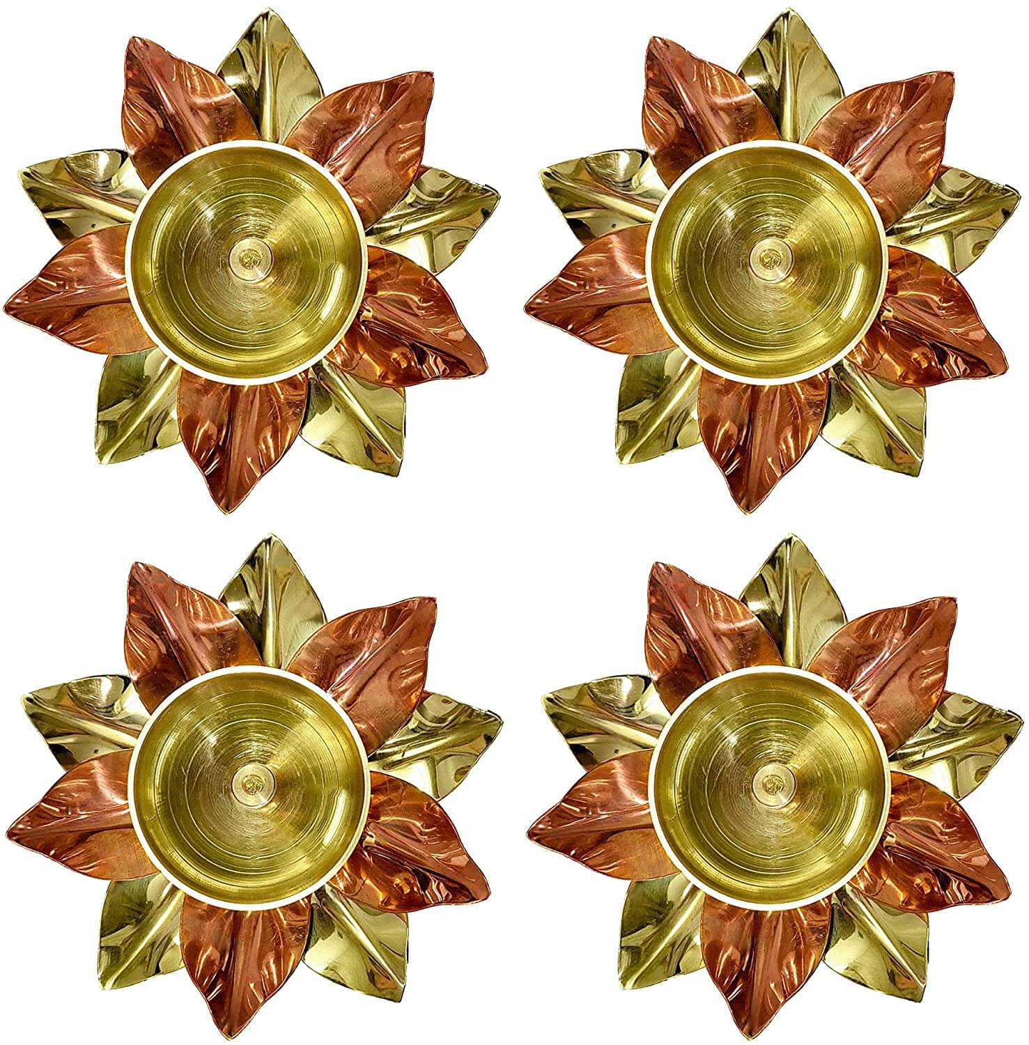 Pack of 4 - Small Brass Copper Lotus Flower Petals Kamal Shape Metal Akand Diya for Pooja, Home Decor and Gifting Mangal Fashions | Indian Home Decor and Craft