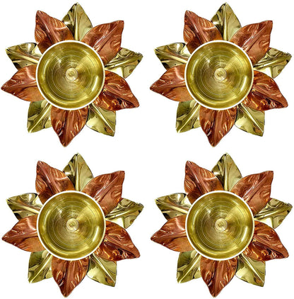 Pack of 4 - Small Brass Copper Lotus Flower Petals Kamal Shape Metal Akand Diya for Pooja, Home Decor and Gifting Mangal Fashions | Indian Home Decor and Craft