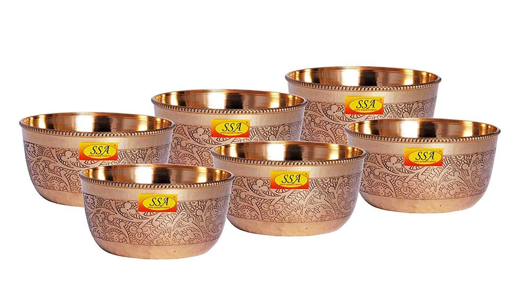 Pack of 6 - Brass Embossed Flower Design Handmade Decorative Serving Indian Food Bowl Katori (Gold, 150 ml) Mangal Fashions | Indian Home Decor and Craft
