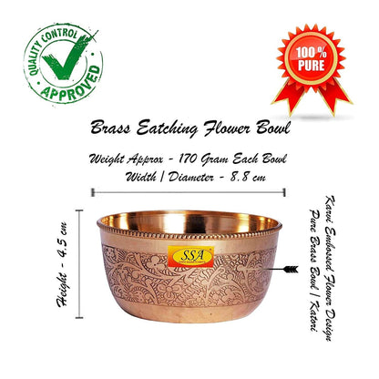 Pack of 6 - Brass Embossed Flower Design Handmade Decorative Serving Indian Food Bowl Katori (Gold, 150 ml) Mangal Fashions | Indian Home Decor and Craft