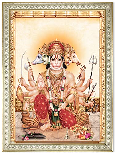 Panchmukhi Hanuman Photo With Frame Wall Art Painting, Multicolor, Traditional, 32 X 23.5 cams (Framed Without Glass) Mangal Fashions | Indian Home Decor and Craft