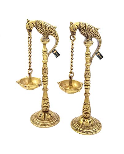 Parrot Design 7.5 Inches (SMALL) Brass Hanging Diya Pair (Pack of 2), Antique Yellow, Standard Mangal Fashions | Indian Home Decor and Craft