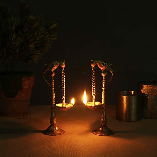 Parrot Design 7.5 Inches (SMALL) Brass Hanging Diya Pair (Pack of 2), Antique Yellow, Standard Mangal Fashions | Indian Home Decor and Craft