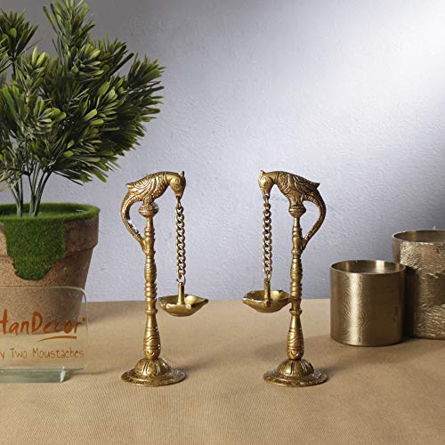Parrot Design 7.5 Inches (SMALL) Brass Hanging Diya Pair (Pack of 2), Antique Yellow, Standard Mangal Fashions | Indian Home Decor and Craft