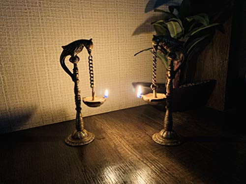 Parrot Design 7.5 Inches (SMALL) Brass Hanging Diya Pair (Pack of 2), Antique Yellow, Standard Mangal Fashions | Indian Home Decor and Craft
