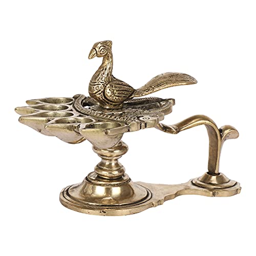Peacock Aarti Diya with Handle Brass Panch Aarti Camphor Burner lamp Mangal Fashions | Indian Home Decor and Craft
