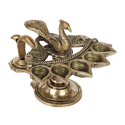 Peacock Aarti Diya with Handle Brass Panch Aarti Camphor Burner lamp Mangal Fashions | Indian Home Decor and Craft