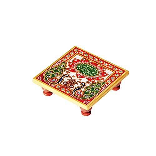 Peacock Design Painted Marble Chowki (10.2 cm x 10.2 cm x 2.55 cm) Mangal Fashions | Indian Home Decor and Craft