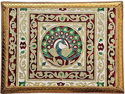 Peacock Designed Wooden Meenakari Rajwadi Chowki/Patla | Wooden patla for puja-8.50"x 11"x 2.50" Inch Mangal Fashions | Indian Home Decor and Craft