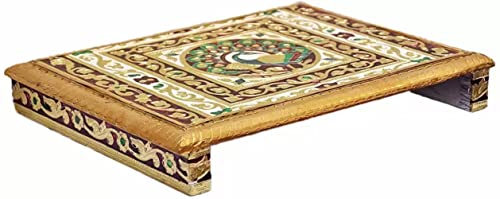 Peacock Designed Wooden Meenakari Rajwadi Chowki/Patla | Wooden patla for puja-8.50"x 11"x 2.50" Inch Mangal Fashions | Indian Home Decor and Craft