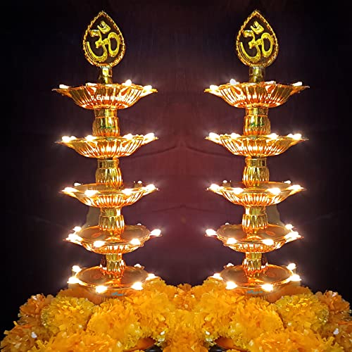 Plastic Premium 5 Layer Electric Gold LED Bulb Lights Diya for Pooja Mandir Diwali Festival Decoration (Pack of 2) Mangal Fashions | Indian Home Decor and Craft