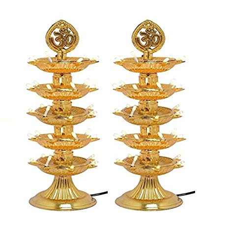 Plastic Premium 5 Layer Electric Gold LED Bulb Lights Diya for Pooja Mandir Diwali Festival Decoration (Pack of 2) Mangal Fashions | Indian Home Decor and Craft