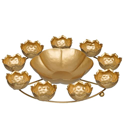 Premium 9 Lotus Diya Tealight Candle Holder Urli Bowl for Home and Pooja Decorations (12 Inches,Gold) Mangal Fashions | Indian Home Decor and Craft