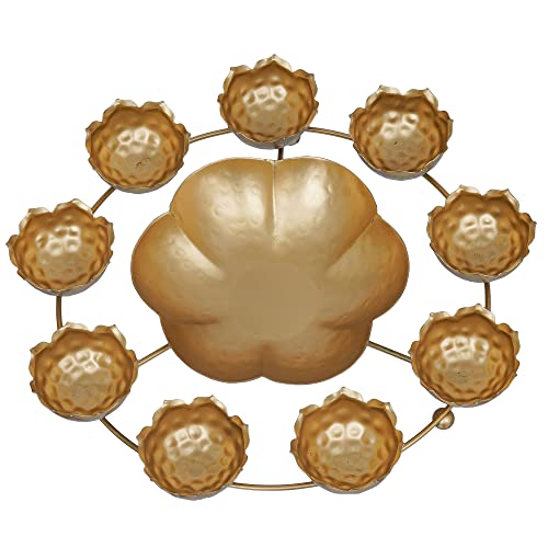 Premium 9 Lotus Diya Tealight Candle Holder Urli Bowl for Home and Pooja Decorations (12 Inches,Gold) Mangal Fashions | Indian Home Decor and Craft
