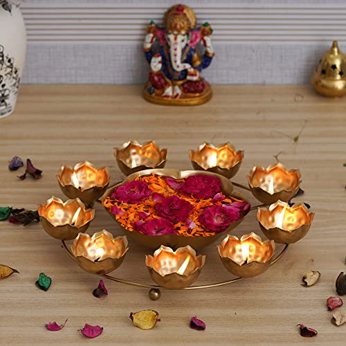 Premium 9 Lotus Diya Tealight Candle Holder Urli Bowl for Home and Pooja Decorations (12 Inches,Gold) Mangal Fashions | Indian Home Decor and Craft