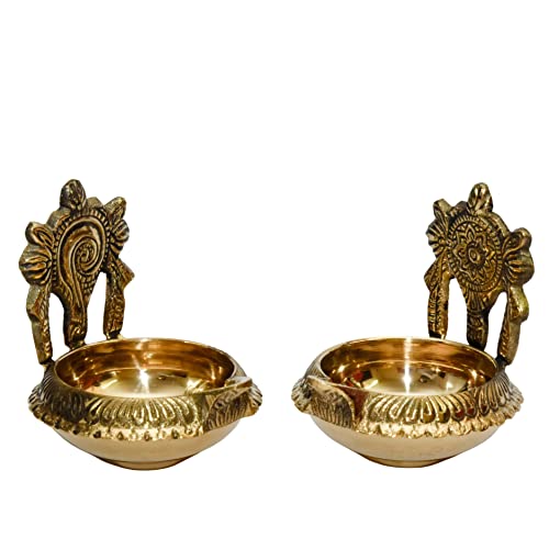 Pure Brass Shanku Chakra kuber Diya, 3 inches, Brass Colour, (2 Piece Pack) Mangal Fashions | Indian Home Decor and Craft