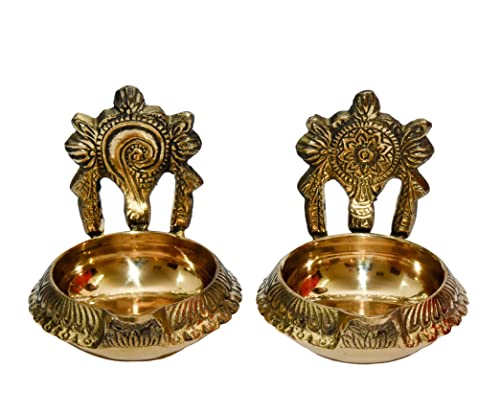 Pure Brass Shanku Chakra kuber Diya, 3 inches, Brass Colour, (2 Piece Pack) Mangal Fashions | Indian Home Decor and Craft