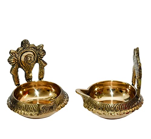 Pure Brass Shanku Chakra kuber Diya, 3 inches, Brass Colour, (2 Piece Pack) Mangal Fashions | Indian Home Decor and Craft