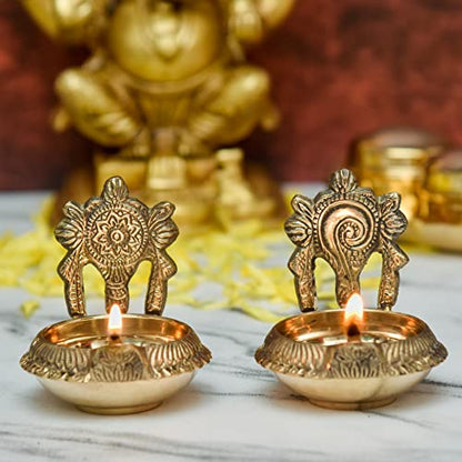 Pure Brass Shanku Chakra kuber Diya, 3 inches, Brass Colour, (2 Piece Pack) Mangal Fashions | Indian Home Decor and Craft