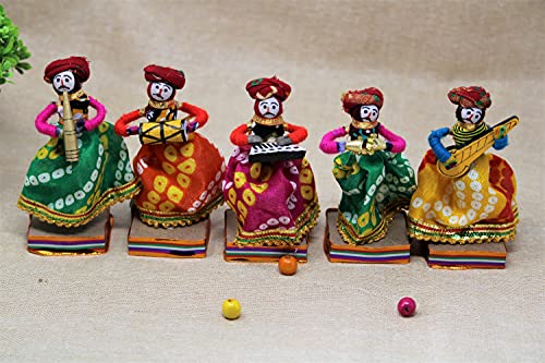 Recycled Material Rajasthani Musician Bawla Male Puppets Idol (11 x 28 cm Multicolor, 5 Pieces) Mangal Fashions | Indian Home Decor and Craft