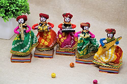 Recycled Material Rajasthani Musician Bawla Male Puppets Idol (11 x 28 cm Multicolor, 5 Pieces) Mangal Fashions | Indian Home Decor and Craft