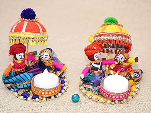 Recycled Material Rajasthani Raja Rani Puppet/Dolls Decorative Tealight Candle Holder (Pack of 2) Mangal Fashions | Indian Home Decor and Craft