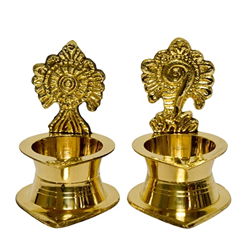 Set of 1 Pair - Pure Brass Shanku Chakra Kamakshi Diya, 3 inches (200 g) Mangal Fashions | Indian Home Decor and Craft