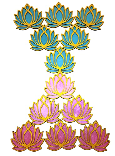 Set of 12 Golden Lotus Wooden Cutout | Rose Pink (6) Ocean Blue (6) | DIY Decoration Kit for Diwali, Dashera, Rangoli, Pooja, Wedding | Return Gift Mangal Fashions | Indian Home Decor and Craft