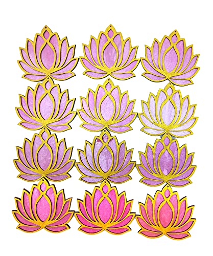 Set of 12 Golden Lotus Wooden Cutout | Rose Pink (6) Ocean Blue (6) | DIY Decoration Kit for Diwali, Dashera, Rangoli, Pooja, Wedding | Return Gift Mangal Fashions | Indian Home Decor and Craft