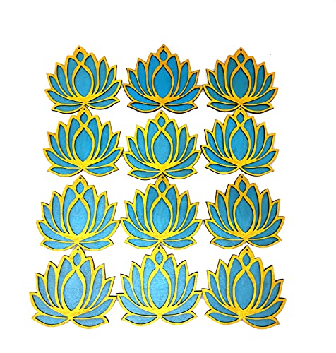 Set of 12 Golden Lotus Wooden Cutout | Rose Pink (6) Ocean Blue (6) | DIY Decoration Kit for Diwali, Dashera, Rangoli, Pooja, Wedding | Return Gift Mangal Fashions | Indian Home Decor and Craft