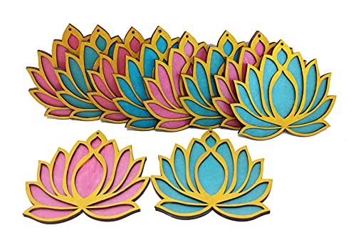 Set of 12 Golden Lotus Wooden Cutout | Rose Pink (6) Ocean Blue (6) | DIY Decoration Kit for Diwali, Dashera, Rangoli, Pooja, Wedding | Return Gift Mangal Fashions | Indian Home Decor and Craft