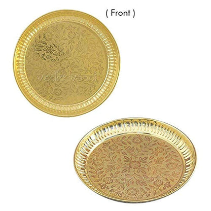 Set of 2 - 6 Inch Handmade Brass Puja Thali with Flower Embossed Design for Home and Office Decoration (Gold) Mangal Fashions | Indian Home Decor and Craft