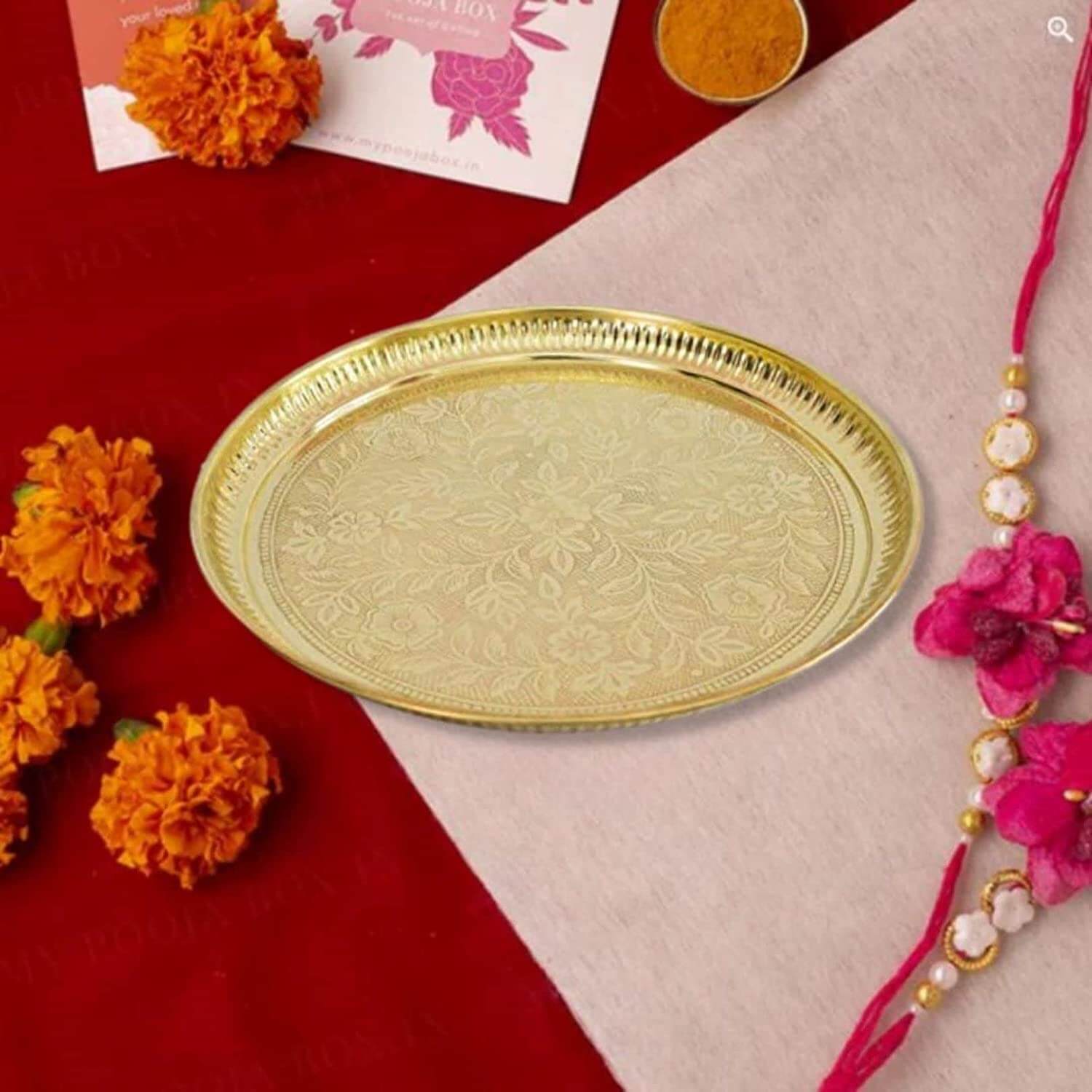 Set of 2 - 6 Inch Handmade Brass Puja Thali with Flower Embossed Design for Home and Office Decoration (Gold) Mangal Fashions | Indian Home Decor and Craft