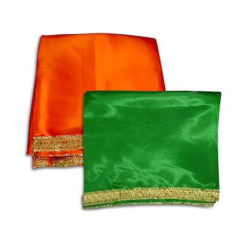 Set of 2 - Satin Pooja Cloth (39 x 39 Inches) for Home, Mandir || Backdrop Cloth for Decoration (Orange + Green) Mangal Fashions | Indian Home Decor and Craft
