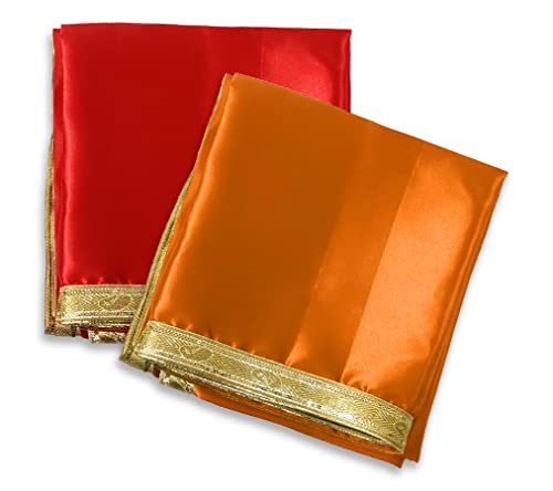 Set of 2 - Satin Pooja Cloth (39 x 39 Inches) for Home, Mandir || Backdrop Cloth for Decoration (Orange + Red) Mangal Fashions | Indian Home Decor and Craft