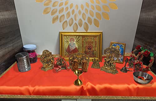 Set of 2 - Satin Pooja Cloth (39 x 39 Inches) for Home, Mandir || Backdrop Cloth for Decoration (Orange + Red) Mangal Fashions | Indian Home Decor and Craft