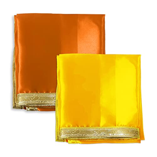 Set of 2 - Satin Pooja Cloth (39 x 39 Inches) for Home, Mandir || Backdrop Cloth for Decoration (Orange + Yellow) Mangal Fashions | Indian Home Decor and Craft