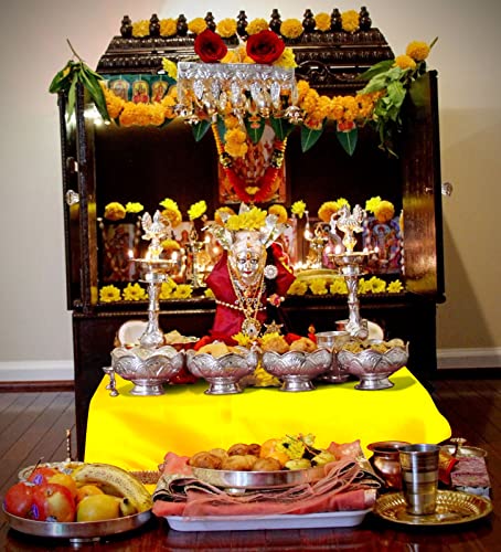 Set of 2 - Satin Pooja Cloth (39 x 39 Inches) for Home, Mandir || Backdrop Cloth for Decoration (Orange + Yellow) Mangal Fashions | Indian Home Decor and Craft