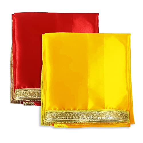 Set of 2 - Satin Pooja Cloth (39 x 39 Inches) for Home, Mandir || Backdrop Cloth for Decoration (Red + Yellow) Mangal Fashions | Indian Home Decor and Craft