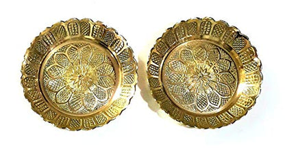 Set of 2 - Small Pure Brass 3.6 Inch Plate for Puja Thali with Flower Embossed Design (Golden) Mangal Fashions | Indian Home Decor and Craft