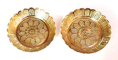 Set of 2 - Small Pure Brass 3.6 Inch Plate for Puja Thali with Flower Embossed Design (Golden) Mangal Fashions | Indian Home Decor and Craft